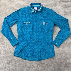 Panhandle Rough Stock Womens Turquoise Western Snap Shirt R4S9445 Small